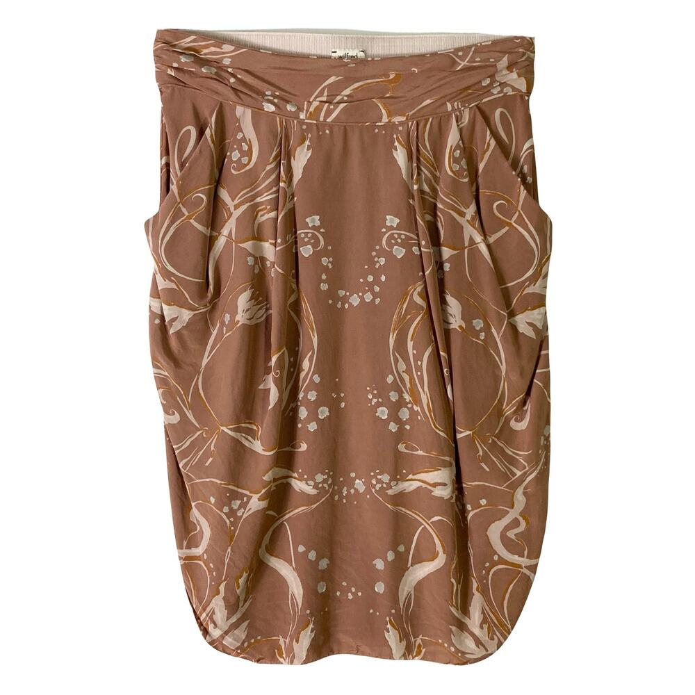 Nwot WILFRED Skirt S Brown Silk Ruched Abstract-Art Stretchy Waistband Mini
